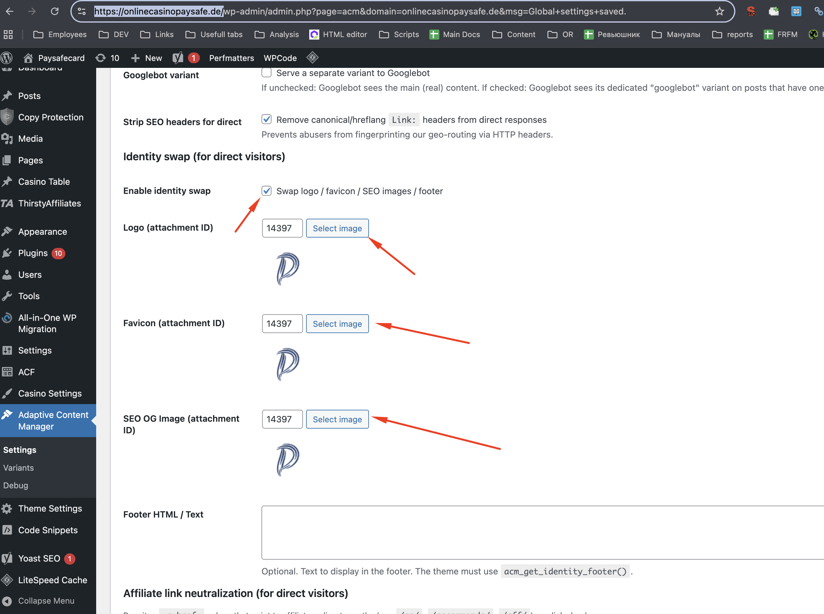 Identity swap — Logo, Favicon, SEO OG Image (attachment ID), Footer HTML/Text. Кнопки Select image для вибору білих ассетів