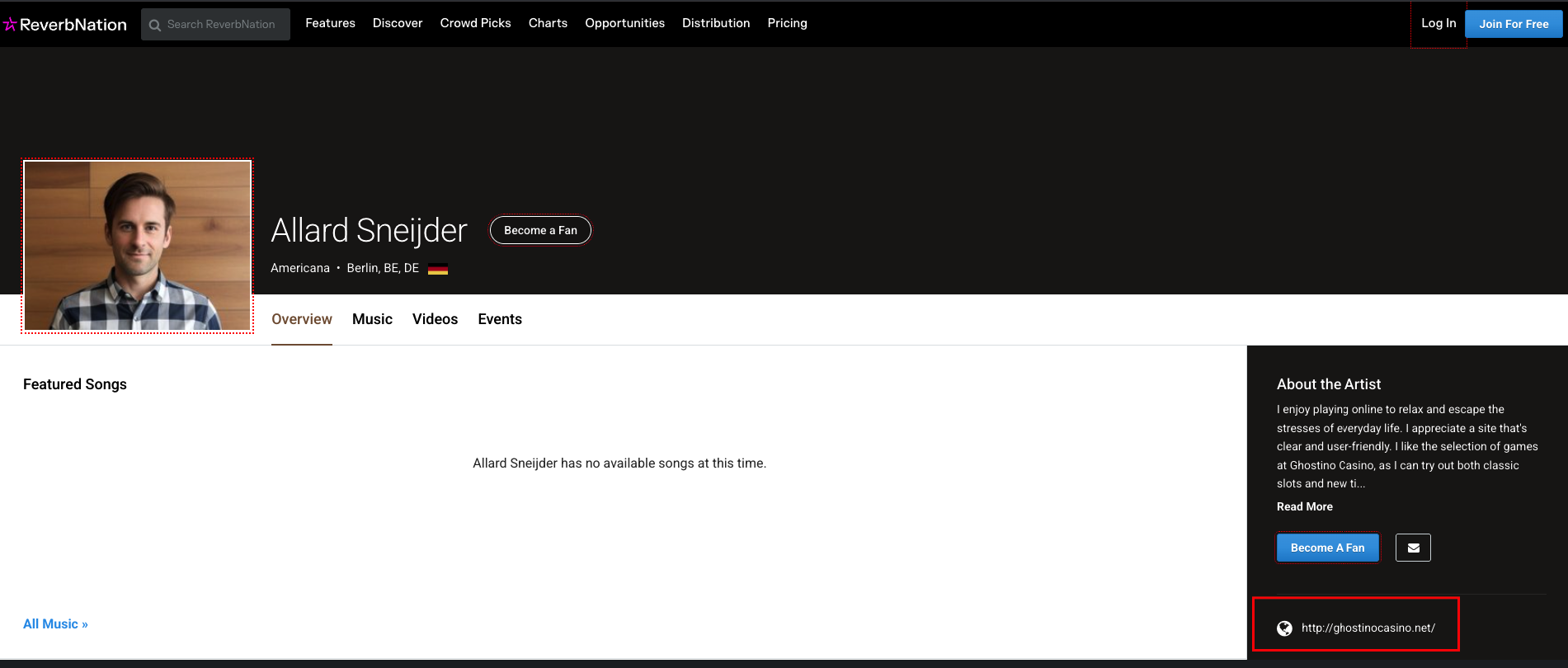 ReverbNation &mdash; профіль з полем website